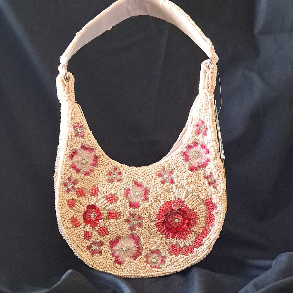 Beaded Floral Shoulder Bag in Light and Dark Pink Zip Closure Hand Beaded
